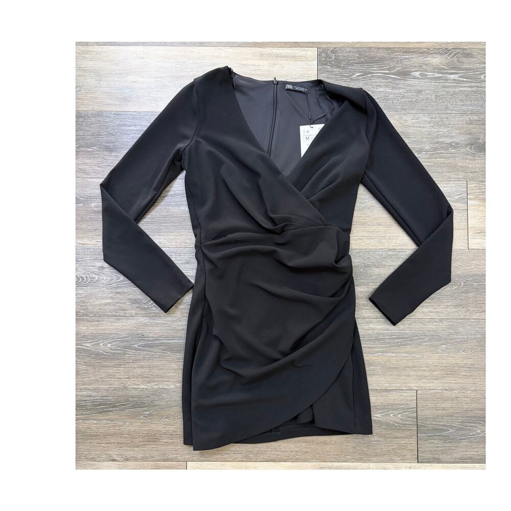Zara Black Mini Dress Ruched Wrap Bodycon Long Sleeve Night Out M